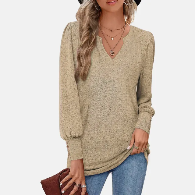 Women's Sweater Solid Color And V neck Casual Waist Puff Sleeve Button Long Sleeve Top Apricot - Shop at LoveMi