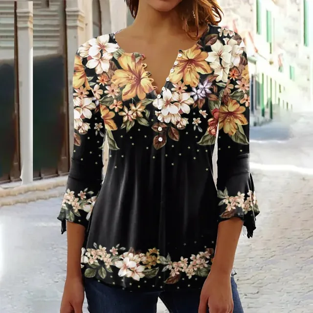 Fashion Flower Printed V neck Three quarter length sleeved T shirt Element 5 4Xl - Shop at LoveMi
