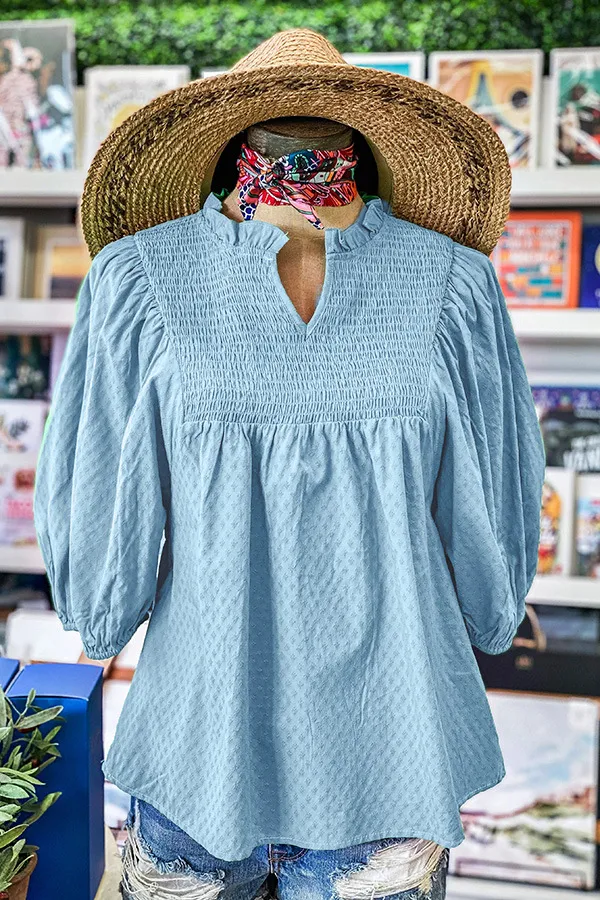 Bell Sleeve Gathers Cotton V neck Gathers T shirt Blue - Shop at LoveMi