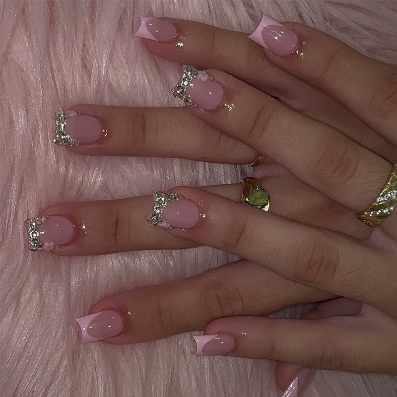 French Polka-Dot Rhinestone Artificial Nails 24-piece Set Of Finished Nail Tips For A Chic Elegant Look