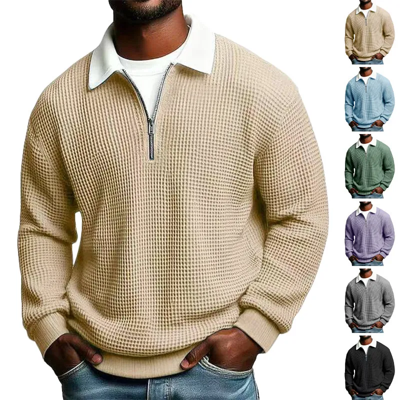 Men's Solid-Color Waffle-Weave Long-Sleeve Lapel Zip-Up Business Polo Shirt Spring Fall Zipper T-shirts Tops For Daily Wear