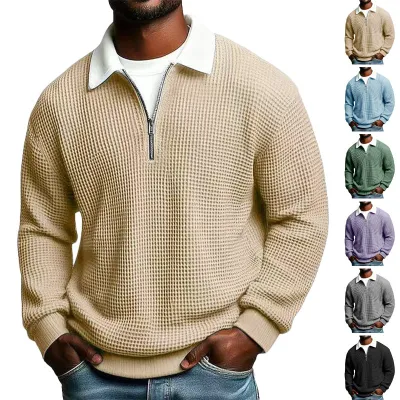 Men's Solid-Color Waffle-Weave Long-Sleeve Lapel Zip-Up Business Polo Shirt Spring Fall Zipper T-shirts Tops For Daily Wear