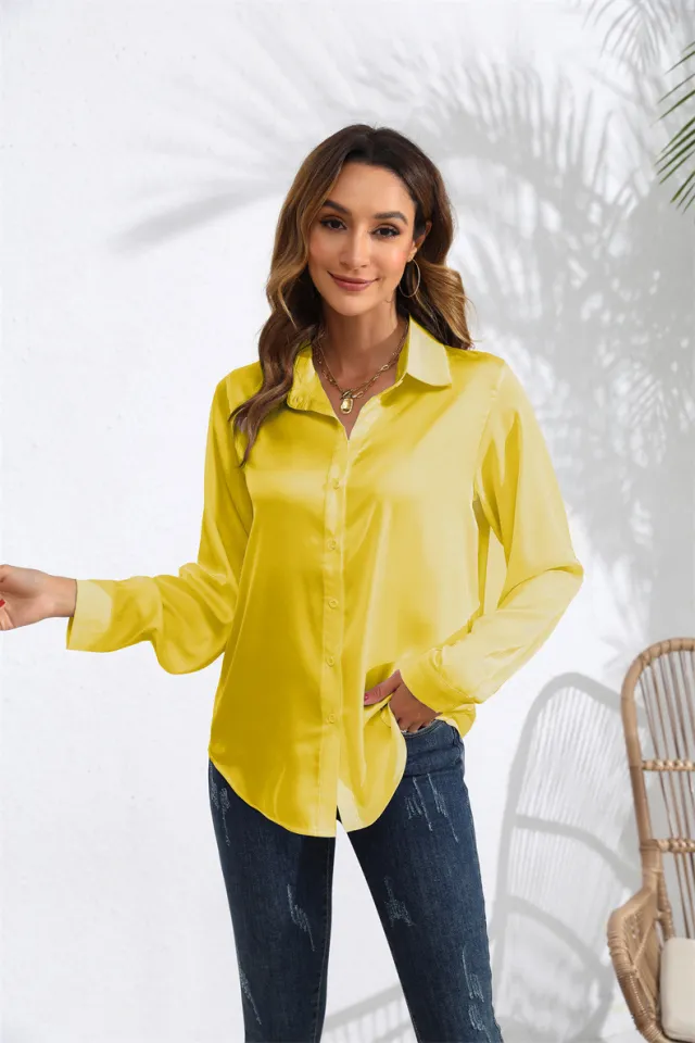 Women's Solid Color Satin Satin Long Sleeve Blouse Yellow - Shop at LoveMi