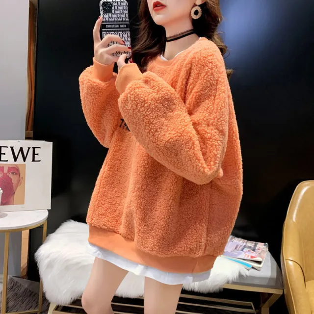 Women's Plus Size Fake Two Pieces Round Neck Sweater Orange - Shop at LoveMi