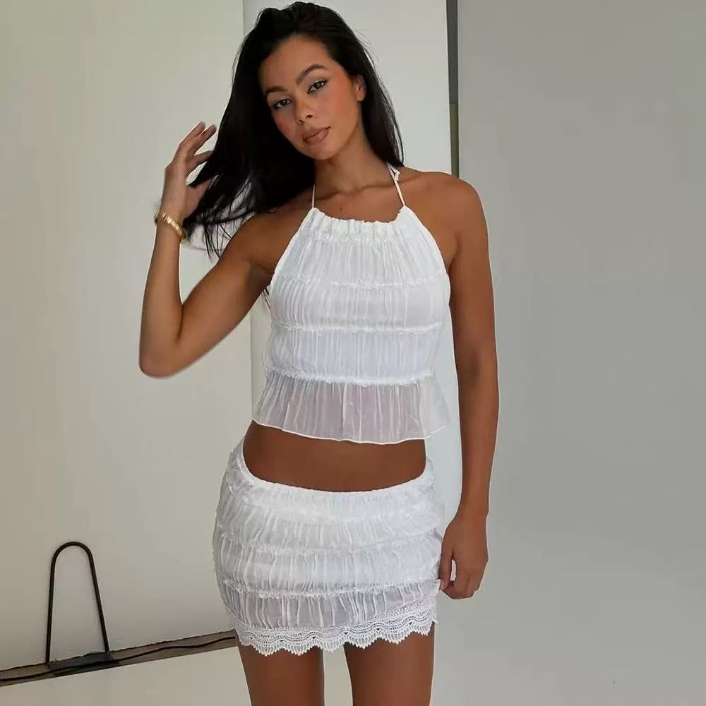 Women's Spring And Summer Backless Pleated Stripe Fabric Personalized Skirt White - Shop at LoveMi