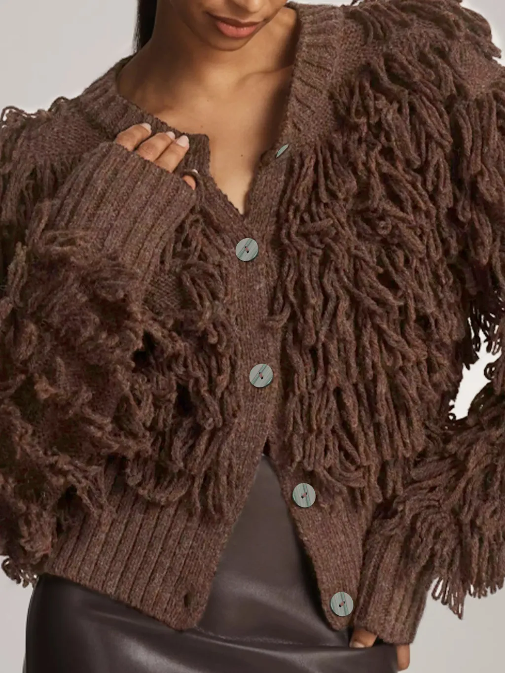 Women's Knit Cardigan Button Loop Fringe Sweater - Brown