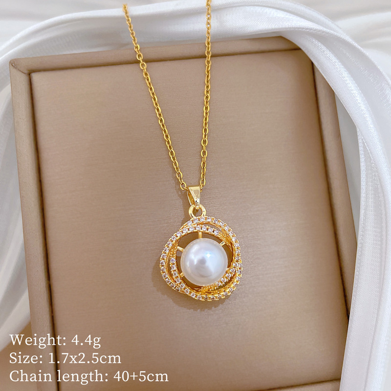Elegant Full Diamond Necklace for Women Gold Tone Chain Pearl Round Pendant
