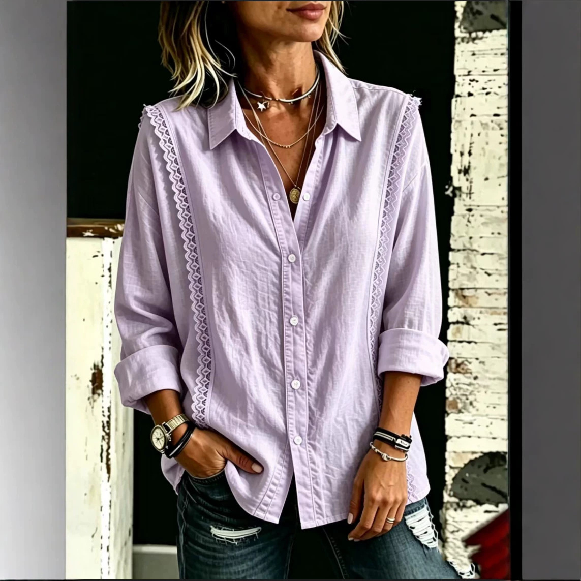 Womens Solid-Color Lace-Patchwork Long-Sleeve Button-Down Shirt