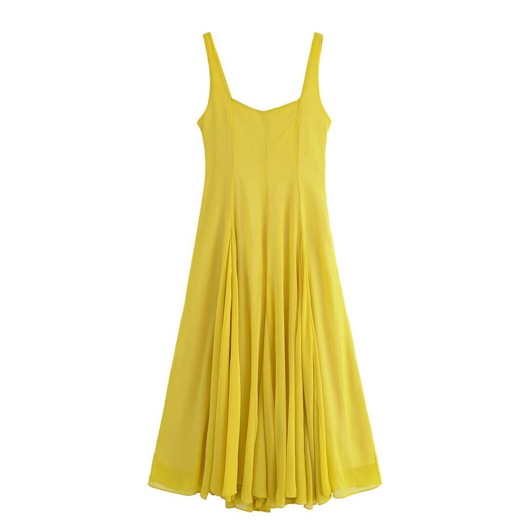 Temperament Fashion Wide Strap Midi Skirt Dress Lemon Yellow - Shop at LoveMi