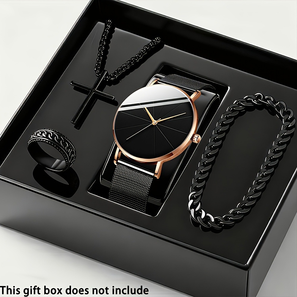 Men's Fashion Watch Ring Necklace Bracelet Set - Stainless Steel Jewelry Collection for Daily Wear 7