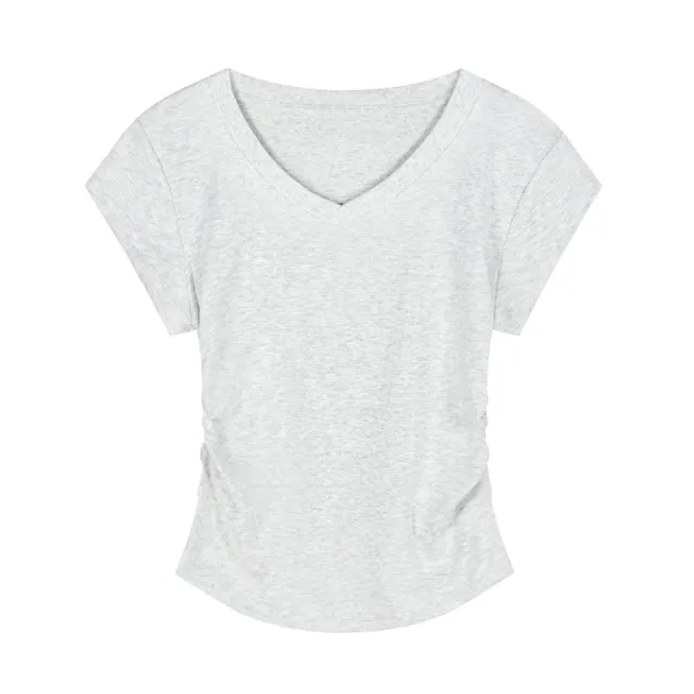 V neck Short sleeved Shoulder T shirt Design Tight Waist Bottoming Shirt White Flower Gray - Shop at LoveMi