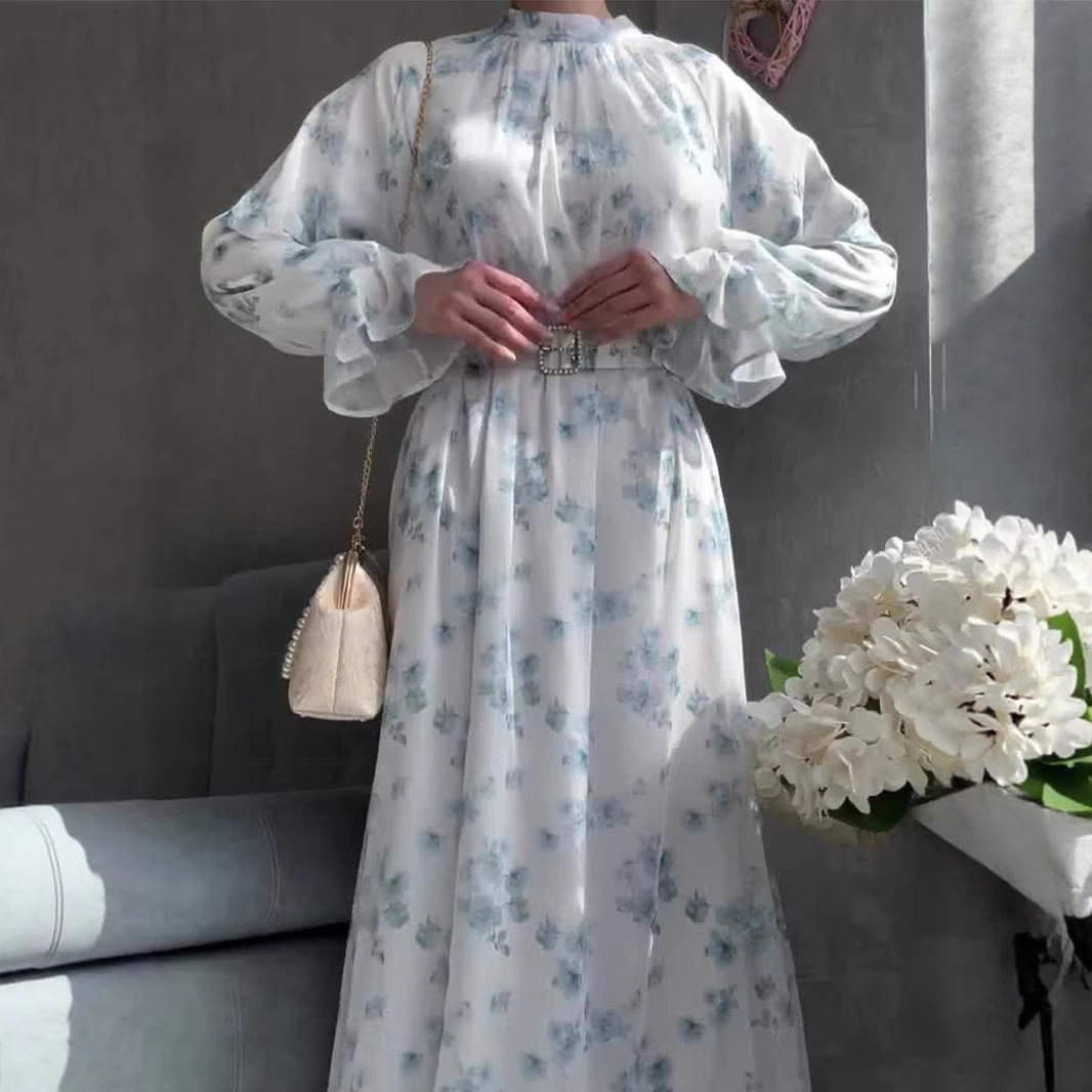 فستان زهري أنيق بأكمام طويلة وتنورة طويلة