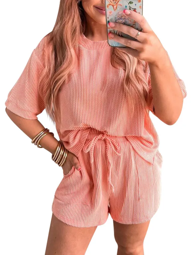Short sleeved Wavy Round Neck Top Elastic Waist Shorts Two piece Set Red - Shop at LoveMi