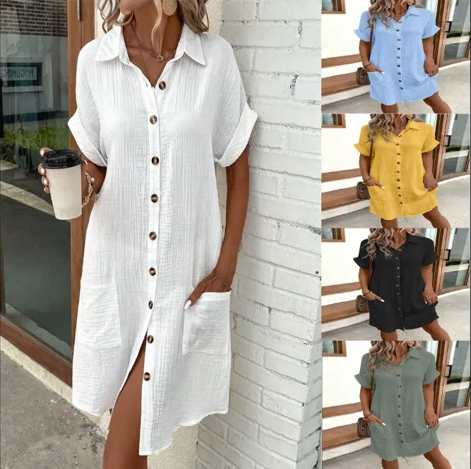 Summer Short Sleeve Shirt Dress Fashion Solid Color Single-breasted