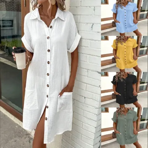 Summer Short Sleeve Shirt Dress Fashion Solid Color Single-breasted