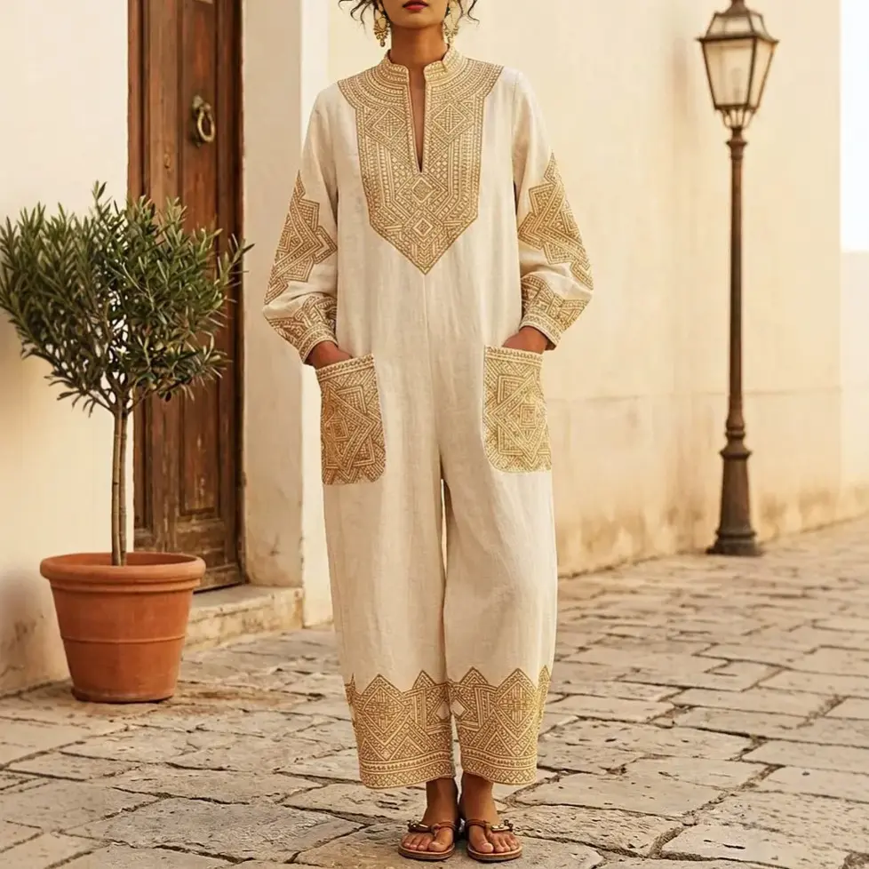 Womens Fashionable Printed V-Neck Casual Long-Sleeve Jumpsuit