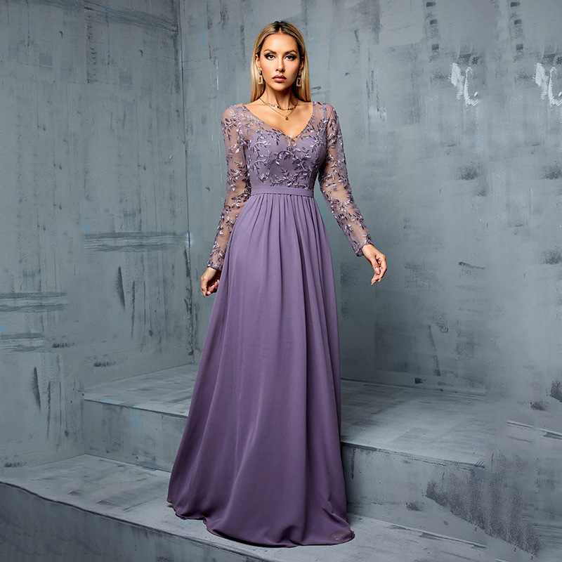 Chiffon Long Sleeve Party Formal Dress Women's Simple