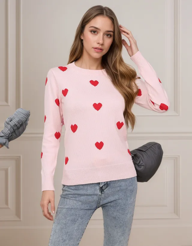 Women's Heart Jacquard Round Neck Pullover Sweater Pink - Shop at LoveMi