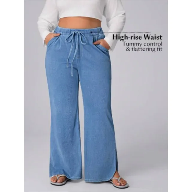 Women's Plus Size Drawstring Casual Loose Wide Leg Jeans Blue - Shop at LoveMi