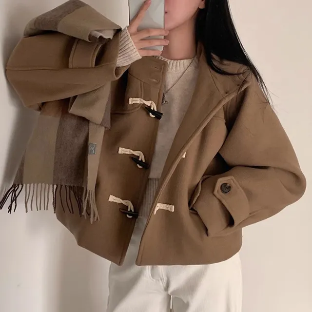All matching Short Hooded Long sleeved Woolen Coat Women Khaki - Shop at LoveMi