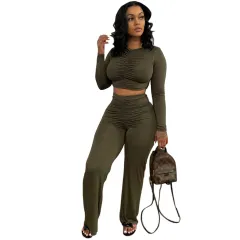 Solid Colour Casual Long Sleeves Top New Sports Trousers Two-piece Set - Green - View 1