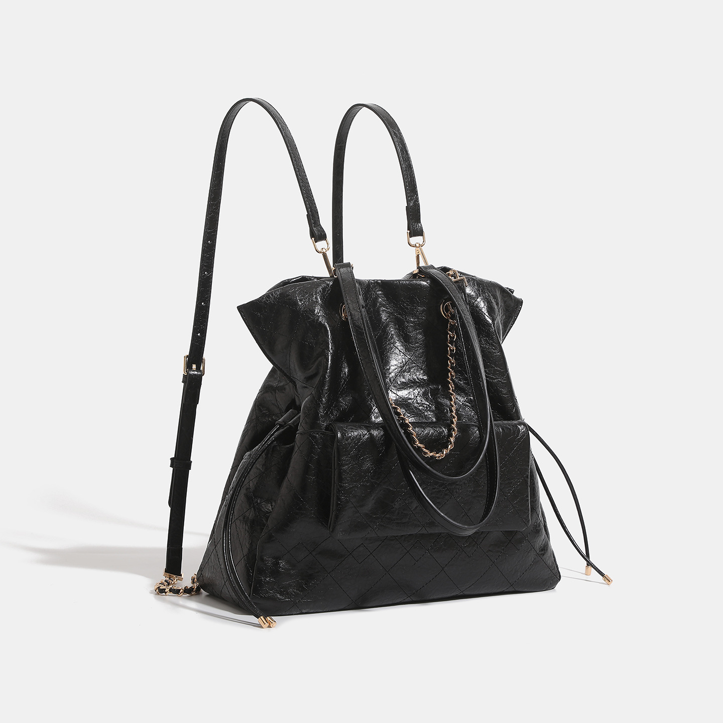 Preppy-style Oil-waxed Leather Quilted Chain Backpack For Women 5