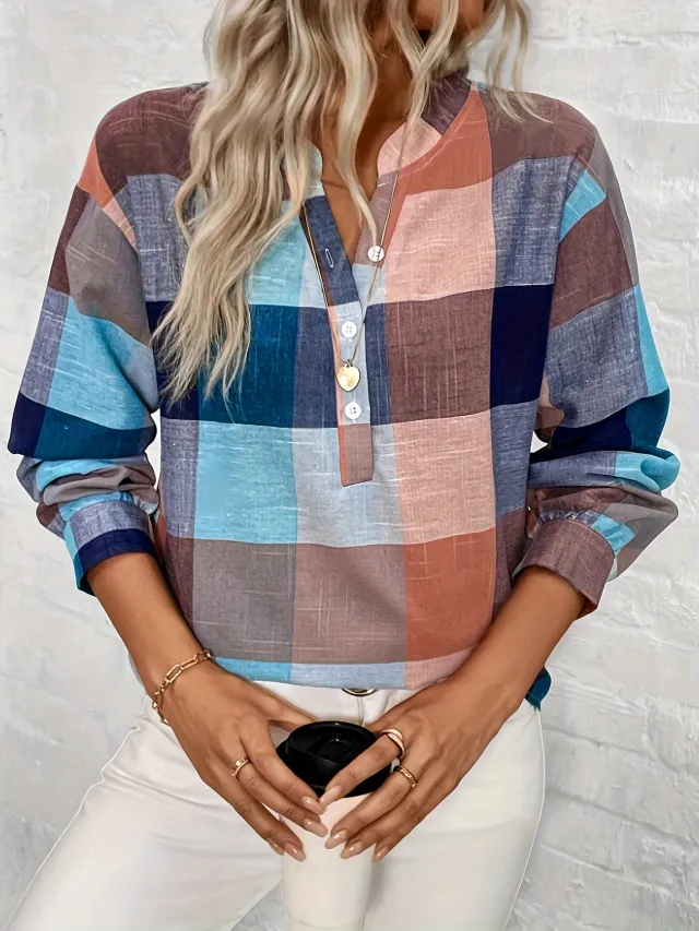 Spring And Autumn Leisure Notched V neck Plaid Long Sleeve Shirt Mixed Color Xxl - Shop at LoveMi