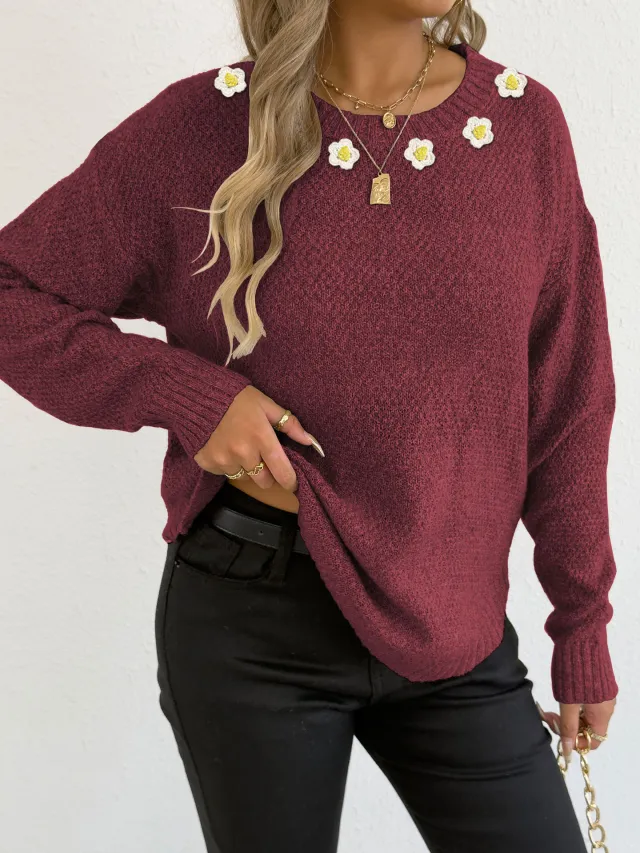 Women's Crochet Patchwork Round Neck Comfort And Casual Sweater Red - Shop at LoveMi