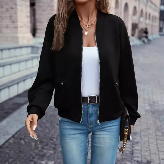 Solid Color Faux Pocket Zip Jacket Casual Long Sleeve For Autumn And Winter Black - Shop at LoveMi