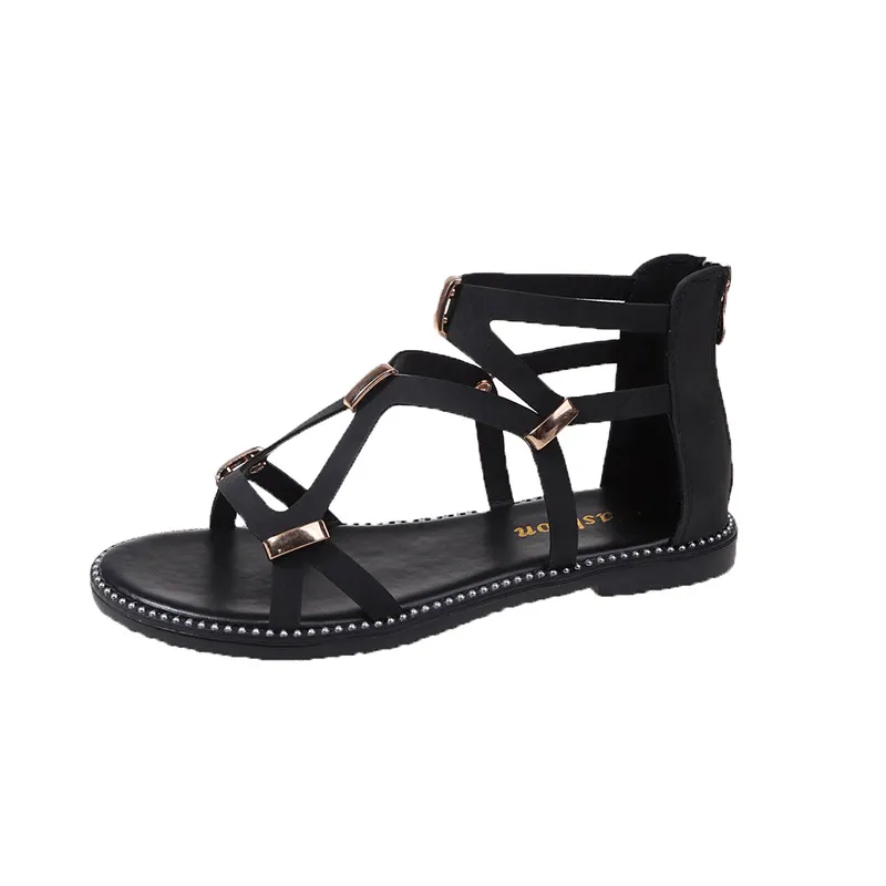 Women's Fashion Simple Zipper Roman Sandals - Black