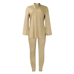 Solid Color Plus Size V-neck Long Sleeve Top Pants Suit - Khaki - View 1