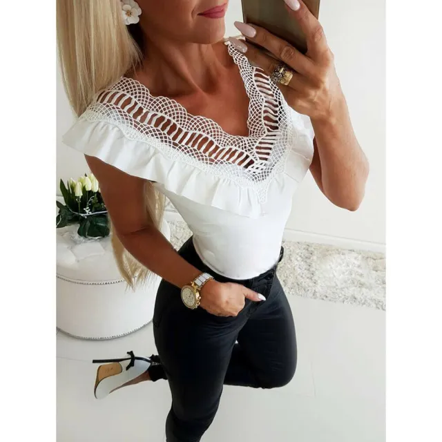 Lace V neck Slim fit Solid Color With Cotton T shirt White - Shop at LoveMi