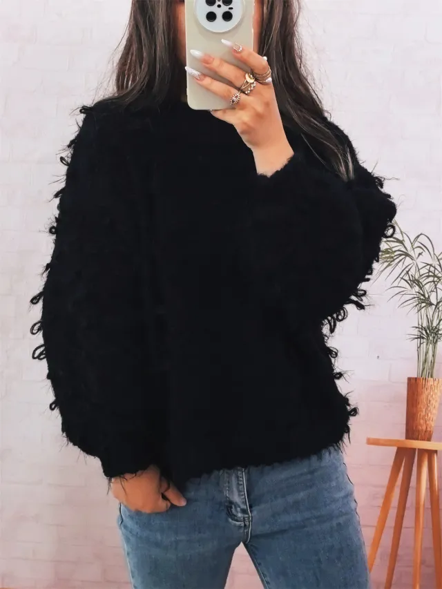 Casual Thickening Knitted Solid Color Round Neck Loose Sweater For Women Black - Shop at LoveMi