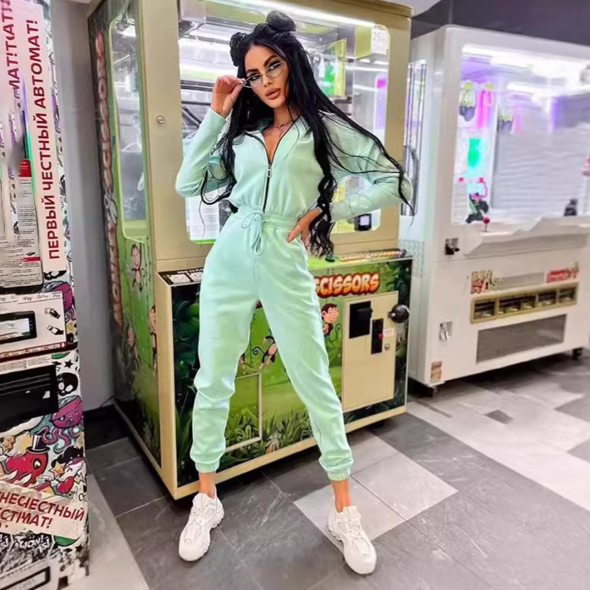 Womens Hooded Drawstring Jogger Jumpsuit Set