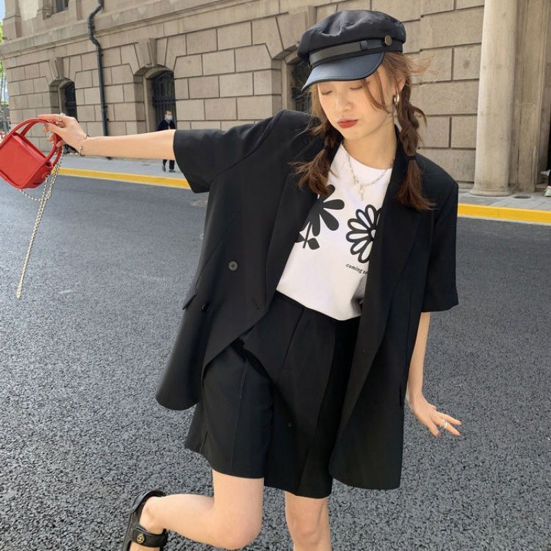 Casual Loose Short Sleeves Suit Jacket Female Suit Shorts Two piece Suit Black Suit - Shop at LoveMi