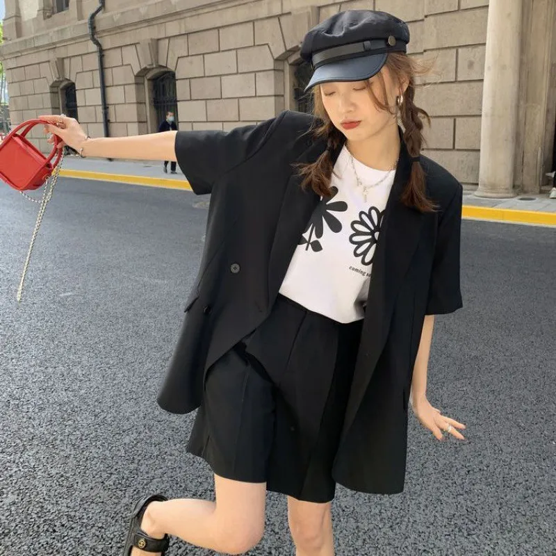 Casual Loose Short Sleeves Suit Jacket Female Suit Shorts Two-piece Suit - Black Suit