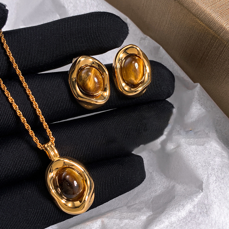 Genuine Gold-Plated Oval Tigers Eye Necklace And Earrings Set For Women