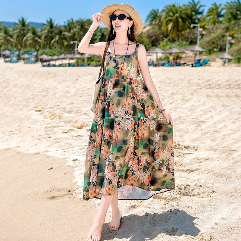 Beach Vacation French Style Floral Maxi Dress
