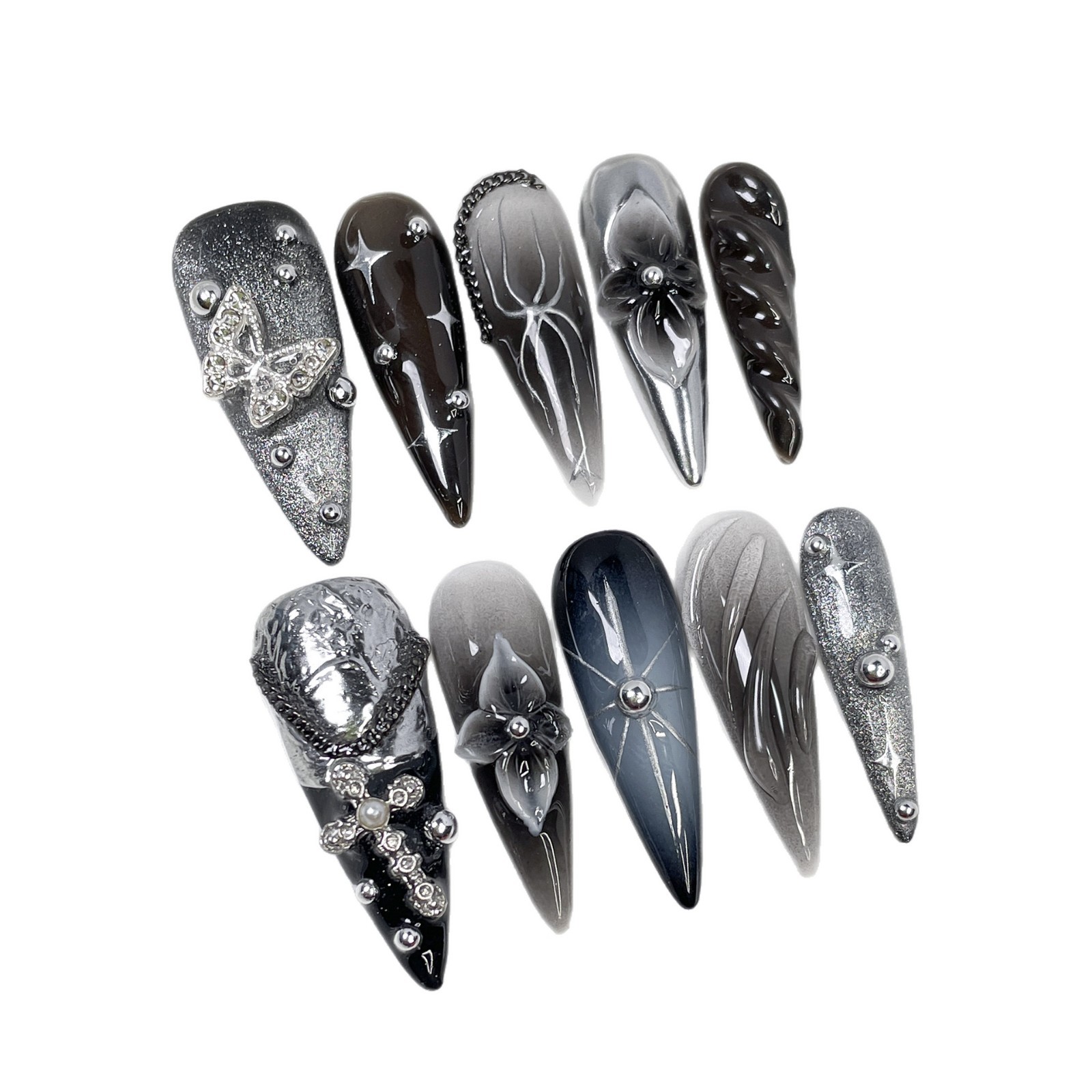 Long Pointed Dark-hued Sweet-and-cool Cat-eye Nail Art With 3D Sculpted Detailing