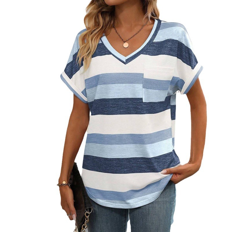 Striped V-neck Multicolor Batwing Sleeve T-shirt