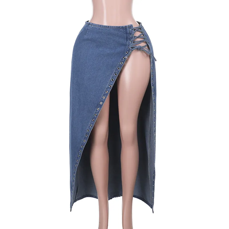 Women's Lace-up Split Sheath Denim Skirt - Blue