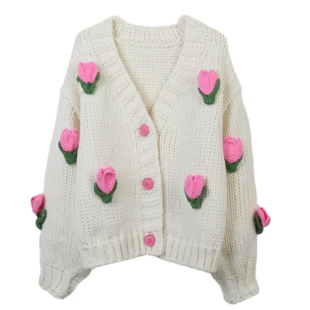 Sweet Sweater Cardigan Hand Crocheting Flower Loose V neck White - Shop at LoveMi