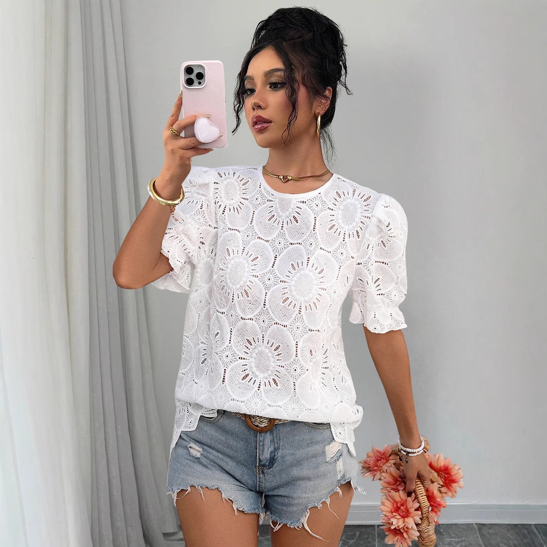 Women's lace hollow-out shirt – close-up crochet trim and sleeve detail