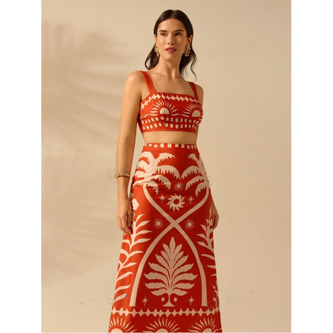 Summer Vacation Coconut Tree Printed Short Strap Top And Fit Maxi Skirt Suit Orange - Shop at LoveMi