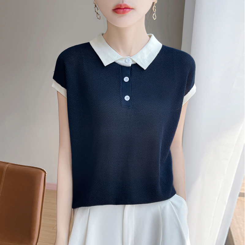 Color-Block Polo-Neck Short-Sleeve Womens Lyocell Knitted T-Shirt