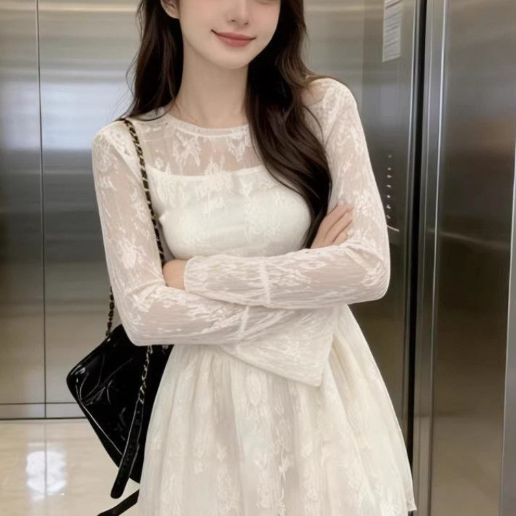 Korean-style Milk Apricot Long-Sleeve Lace Patchwork Dress