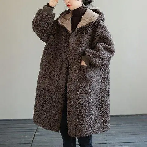 European And American Plus Size Loose Lamb Wool Younger Hoodie Padded Coat Women Coffee - Shop at LoveMi