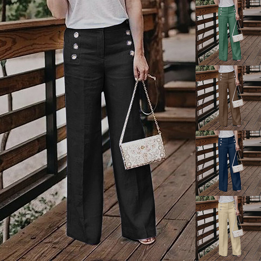 Women's High-Waisted Casual Cotton-Linen Wide-Leg Pants With Buttons