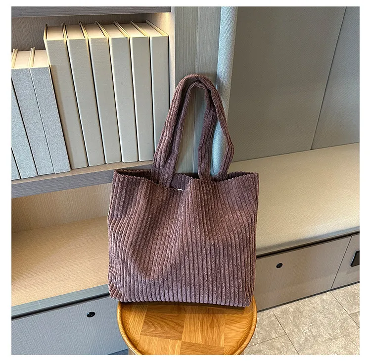 Solid Color Retro Corduroy Fashion Design Shoulder Bag - Brown
