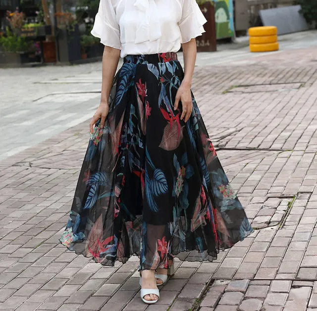 Chiffon Skirt Printed Floral High Waist Slimming Black Rainforest - Shop at LoveMi